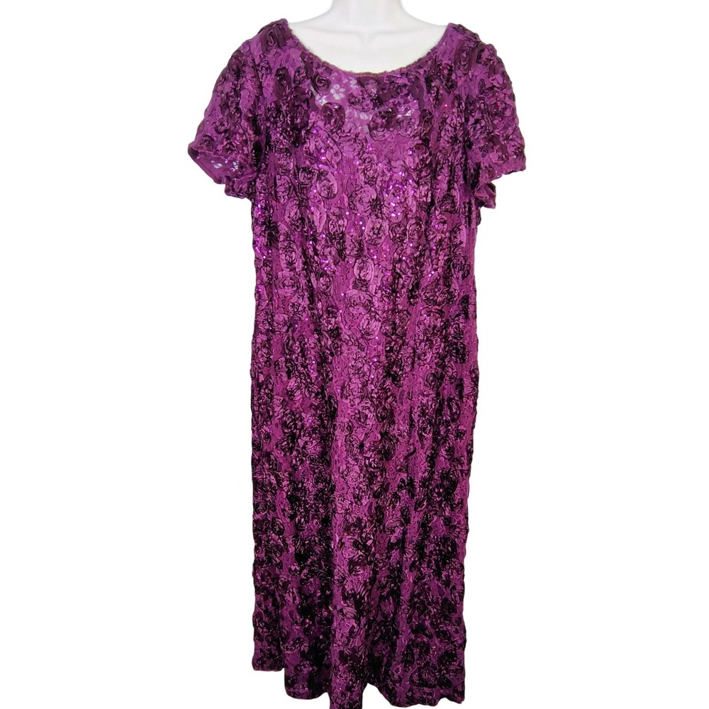 Alex Evenings Plum Purple Rosette Lace Sequin Maxi Dress Plus Size 22W Formal